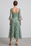 Dusty Sage A-Line Floral Square Neck Midi Formal Dress with Flare Sleeves