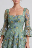 Dusty Sage A-Line Floral Square Neck Midi Formal Dress with Flare Sleeves
