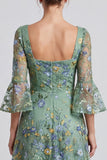 Dusty Sage A-Line Floral Square Neck Midi Formal Dress with Flare Sleeves