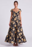 Black Gold Flower A-Line Square Neck Long Formal Dress with Cap Sleeves