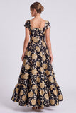 Black Gold Flower A-Line Square Neck Long Formal Dress with Cap Sleeves