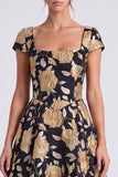 Black Gold Flower A-Line Square Neck Long Formal Dress with Cap Sleeves