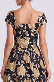 Black Gold Flower A-Line Square Neck Long Formal Dress with Cap Sleeves