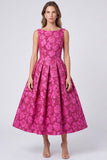 A-Line Fuchsia Bateau Neck Jacquard Backless Floral Midi Dress