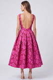 A-Line Fuchsia Bateau Neck Jacquard Backless Floral Midi Dress