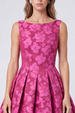 A-Line Fuchsia Bateau Neck Jacquard Backless Floral Midi Dress