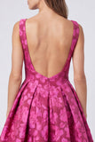A-Line Fuchsia Bateau Neck Jacquard Backless Floral Midi Dress