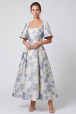 A-Line Dusty Blue Jacquard Square Neck Floral Maxi Dress with Short Sleeves