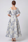 A-Line Dusty Blue Jacquard Square Neck Floral Maxi Dress with Short Sleeves