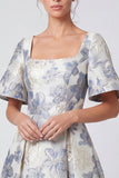 A-Line Dusty Blue Jacquard Square Neck Floral Maxi Dress with Short Sleeves