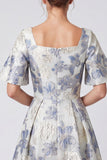 A-Line Dusty Blue Jacquard Square Neck Floral Maxi Dress with Short Sleeves