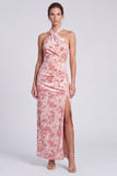 Pink Mermaid Velvet Halter Neck Maxi Floral Dress with Slit