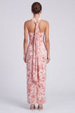 Pink Mermaid Velvet Halter Neck Maxi Floral Dress with Slit