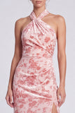 Pink Mermaid Velvet Halter Neck Maxi Floral Dress with Slit