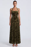 Halter Neck A-Line Olive Velvet Floral Long Formal Dress