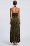 Halter Neck A-Line Olive Velvet Floral Long Formal Dress