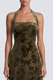 Halter Neck A-Line Olive Velvet Floral Long Formal Dress