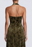 Halter Neck A-Line Olive Velvet Floral Long Formal Dress
