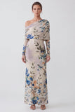 Ivory One Shoulder Floral Mermaid Long Formal Dress with Long Sleeves