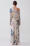 Ivory One Shoulder Floral Mermaid Long Formal Dress with Long Sleeves