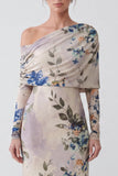 Ivory One Shoulder Floral Mermaid Long Formal Dress with Long Sleeves