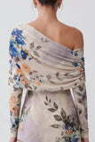 Ivory One Shoulder Floral Mermaid Long Formal Dress with Long Sleeves