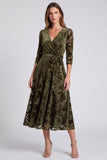 A-Line Olive Velvet V-Neck Midi Floral Dress with Belt