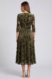 A-Line Olive Velvet V-Neck Midi Floral Dress with Belt
