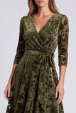 A-Line Olive Velvet V-Neck Midi Floral Dress with Belt