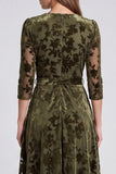 A-Line Olive Velvet V-Neck Midi Floral Dress with Belt