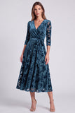 A-Line Olive Velvet V-Neck Midi Floral Dress with Belt