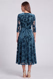 A-Line Olive Velvet V-Neck Midi Floral Dress with Belt