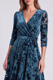 A-Line Olive Velvet V-Neck Midi Floral Dress with Belt