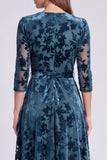 A-Line Olive Velvet V-Neck Midi Floral Dress with Belt