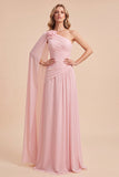 Light Pink One Shoulder Ruched A-Line Chiffon Maxi Dress with Cape