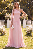Light Pink One Shoulder Ruched A-Line Chiffon Maxi Dress with Cape
