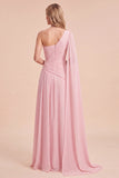 Light Pink One Shoulder Ruched A-Line Chiffon Maxi Dress with Cape
