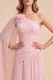Light Pink One Shoulder Ruched A-Line Chiffon Maxi Dress with Cape