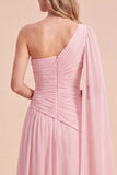 Light Pink One Shoulder Ruched A-Line Chiffon Maxi Dress with Cape