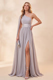 One Shoulder Light Grey A-Line Chiffon Maxi Dress with Slit