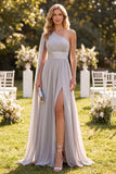 One Shoulder Light Grey A-Line Chiffon Maxi Dress with Slit
