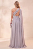 One Shoulder Light Grey A-Line Chiffon Maxi Dress with Slit