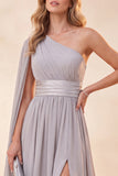 One Shoulder Light Grey A-Line Chiffon Maxi Dress with Slit