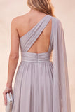 One Shoulder Light Grey A-Line Chiffon Maxi Dress with Slit