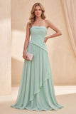 Strapless Mint Green A-Line Chiffon Ruched Maxi Dress