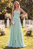 Strapless Mint Green A-Line Chiffon Ruched Maxi Dress