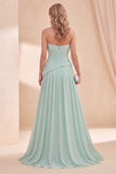 Strapless Mint Green A-Line Chiffon Ruched Maxi Dress