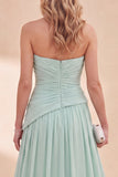 Strapless Mint Green A-Line Chiffon Ruched Maxi Dress
