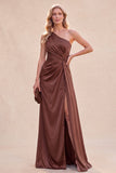 Chocolate One Shoulder Mermaid Ruched Maxi Dress with Slit