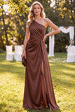 Chocolate One Shoulder Mermaid Ruched Maxi Dress with Slit